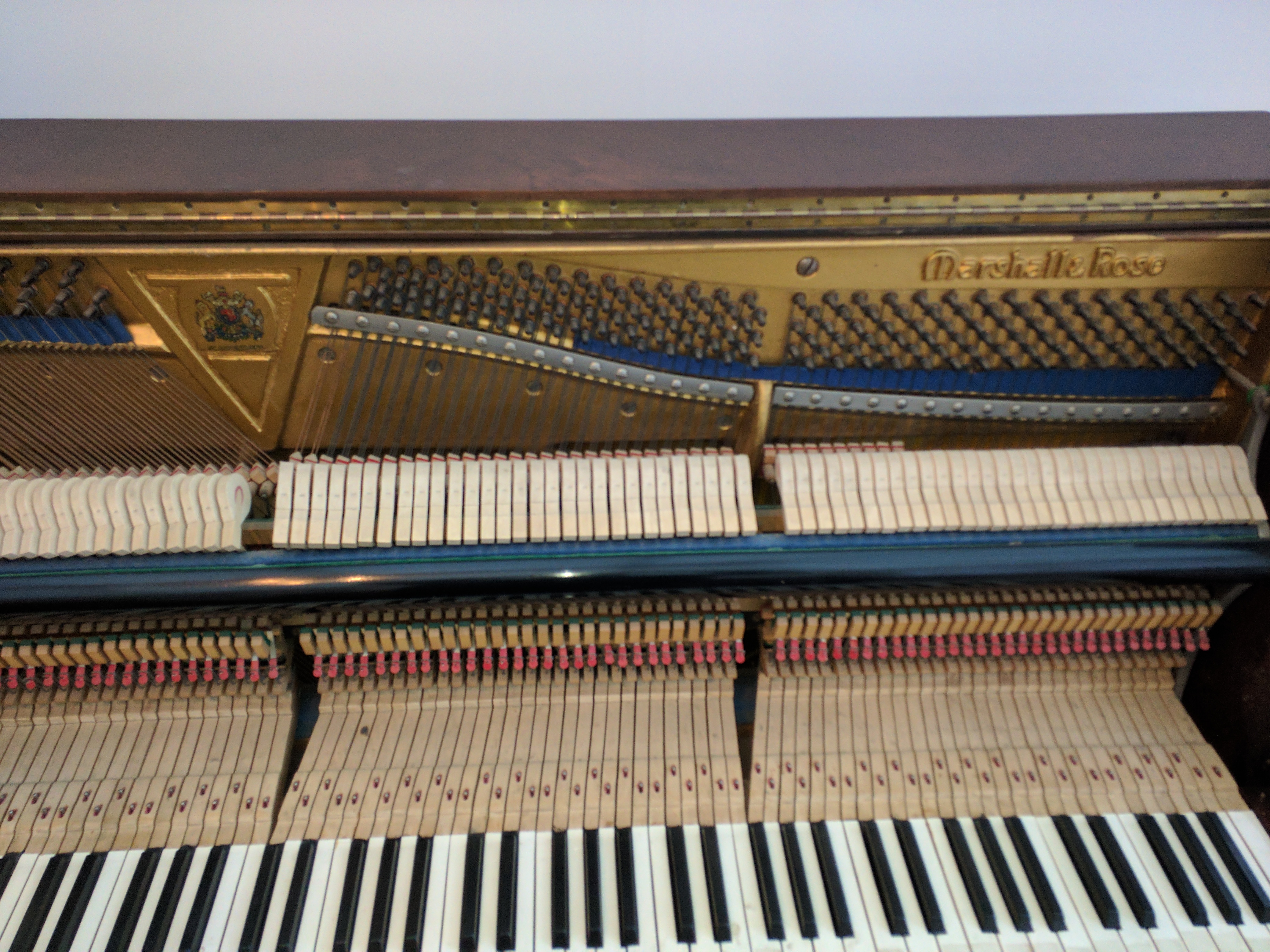View of restored action of 1930s Marshall and Rose Upright Piano