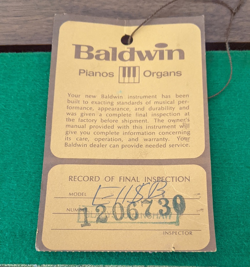 Baldwin Monarch Upright Piano 1977 Label tag