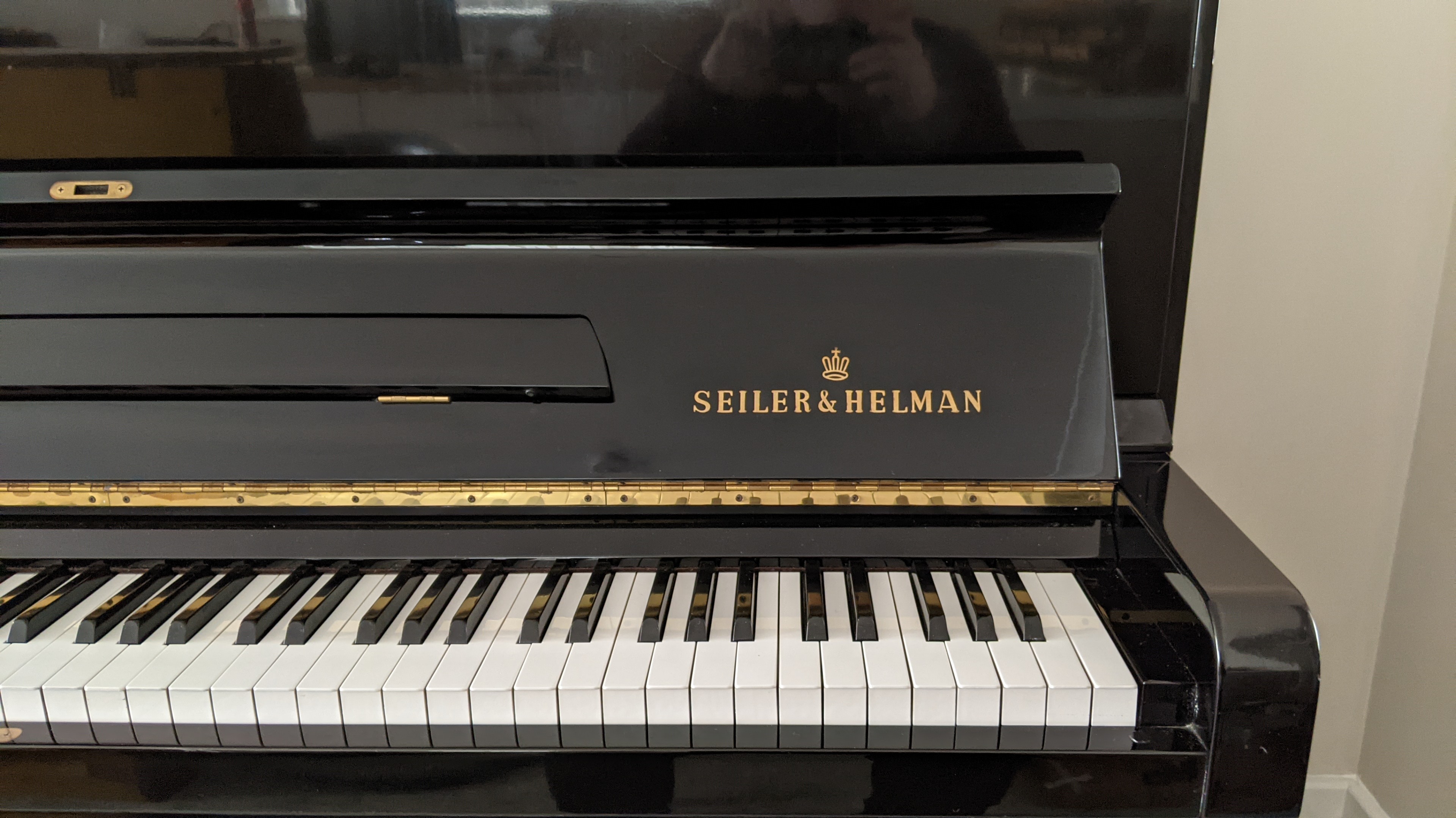 View of keys and decal  of the Seiler and Helman Upright Piano (1977)
